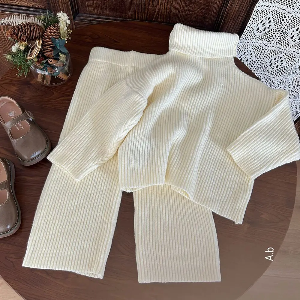 Kids Girls Beige Suits Warm Turtleneck Long Sleeve Pullover Sweater+High Waist Wide Leg Knitting Pants 2Pcs Children Casual Sets