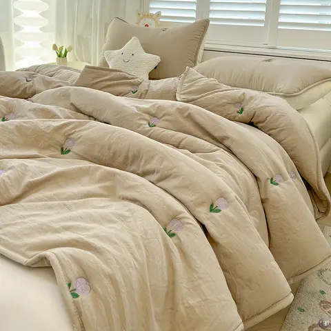 Nouvelle couette d'été brodée de tulipes, couleur unie, pour climatiseur, sans taie d'oreiller