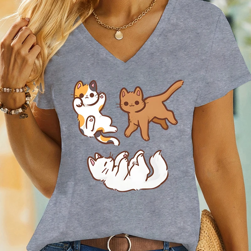 Trendy Cartoon Cute Cat Print Women Casual T-shirts Funny Anime Animals Classic Tops Cat Owner Gift V-neck Short Sleeve T-shirt