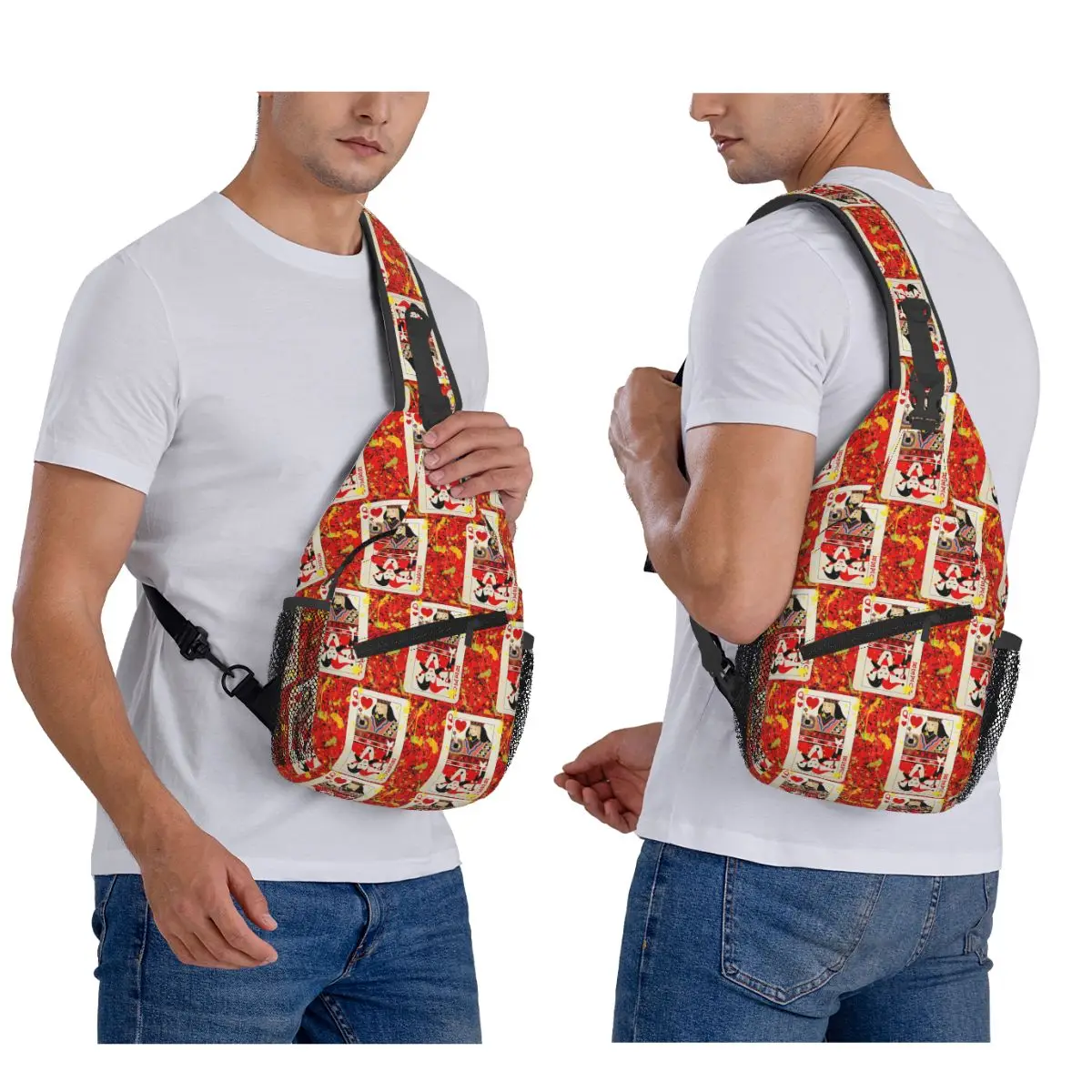 Casino Nights Red Queen Of Hearts Chest Bag Men Sling Crossbody Backpack Chest Bag Travel Hiking Daypack Shoulder Bag