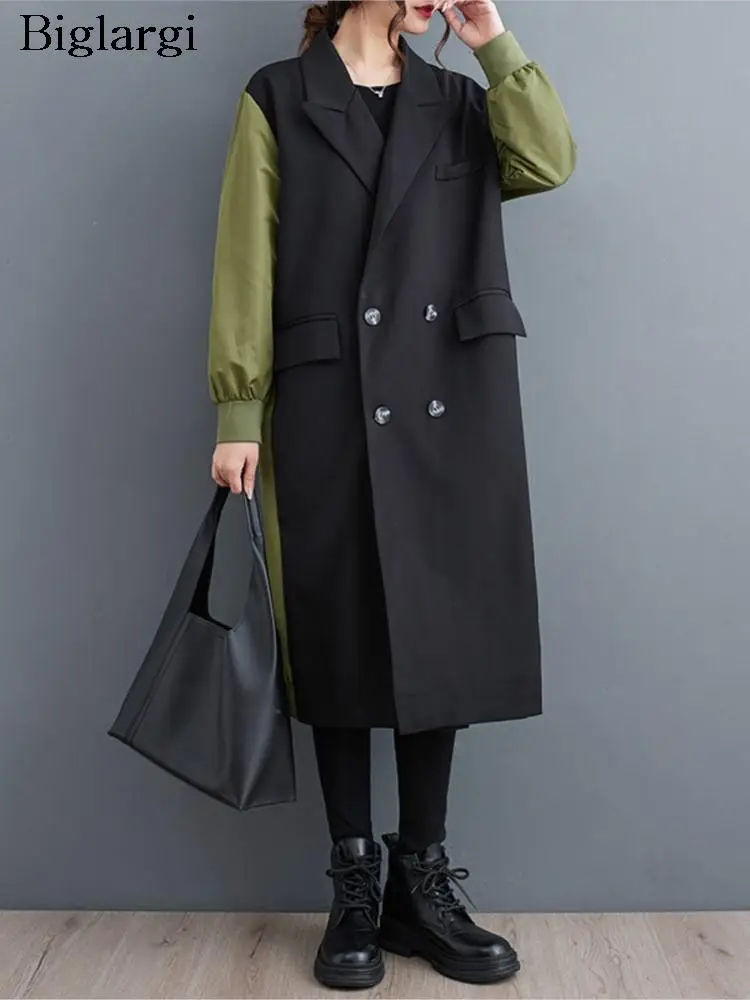 

Oversized Autumn Winter Long Trench Coat Women Patchwork Ladies Windbreak Casual Long Woman Coat