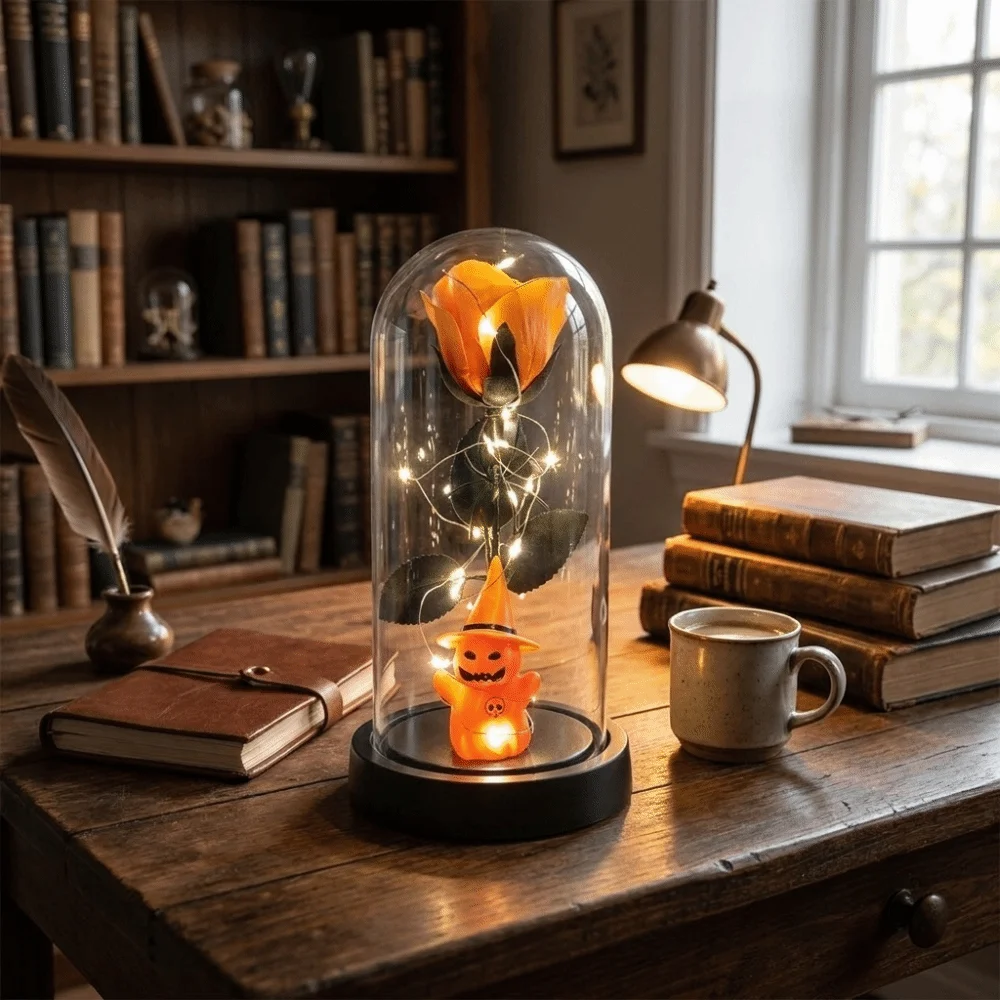 Transparent Cover Halloween Ghost Rose Light Realistic Glass Dome Rose Artificial Rose Night Light Plastic Simulation Rose Light