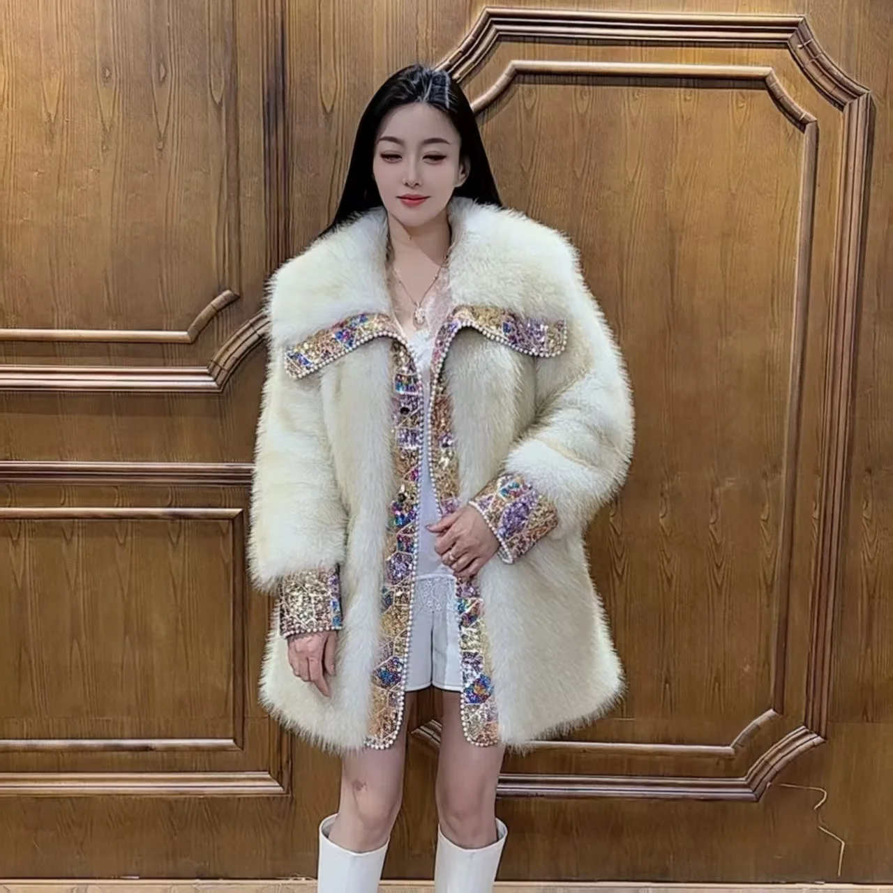 Faux Fur Coats for Women,Covered Button Jacket,Thicken Warm Female Clothes,Turn-down Collar,Luxury,Spliced,Sequins,New,Winter