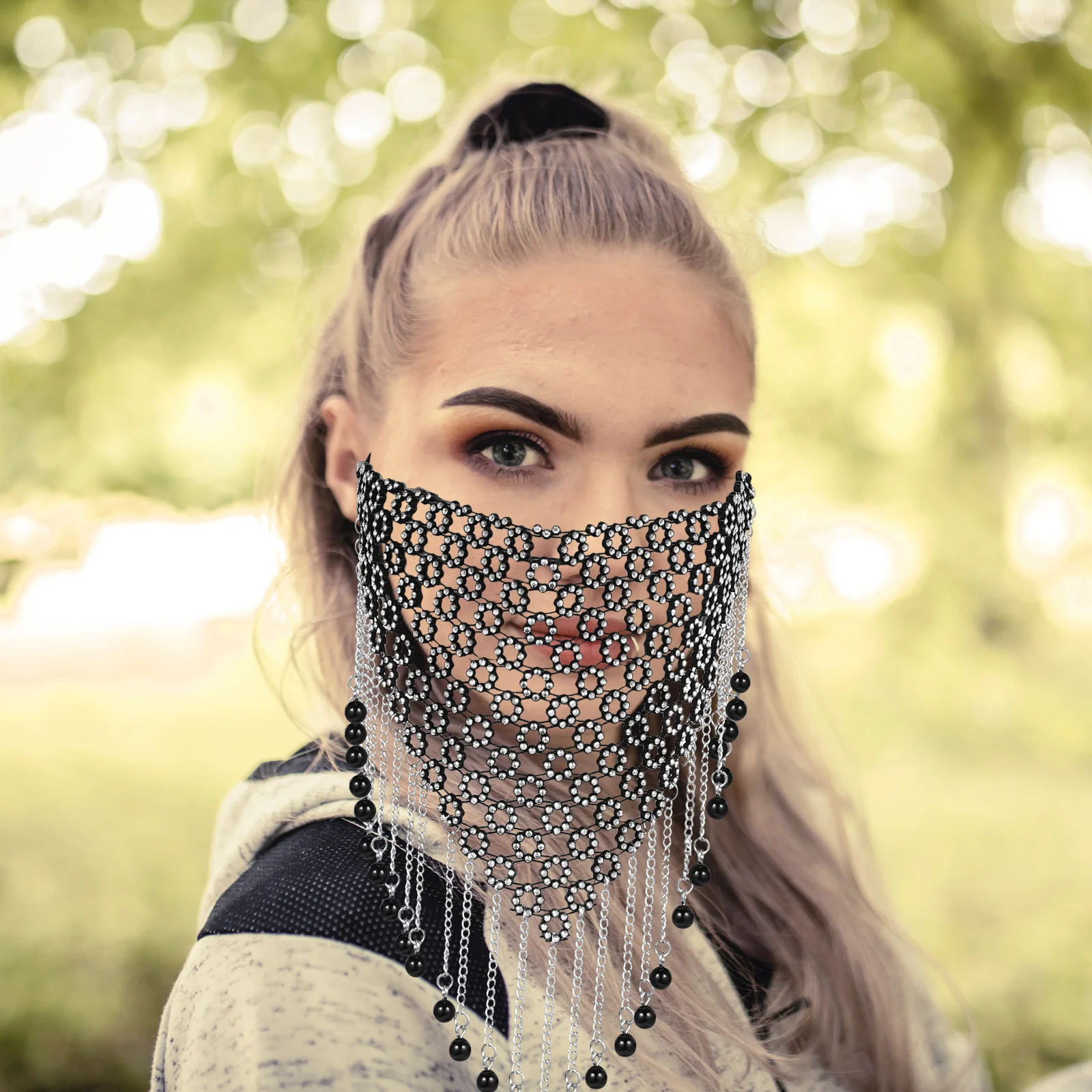 

Rhinestone Shiny Tassel Veil Mask Metal Half Face Mask for Masquerade Party Dance Performance Face Veil Accessories