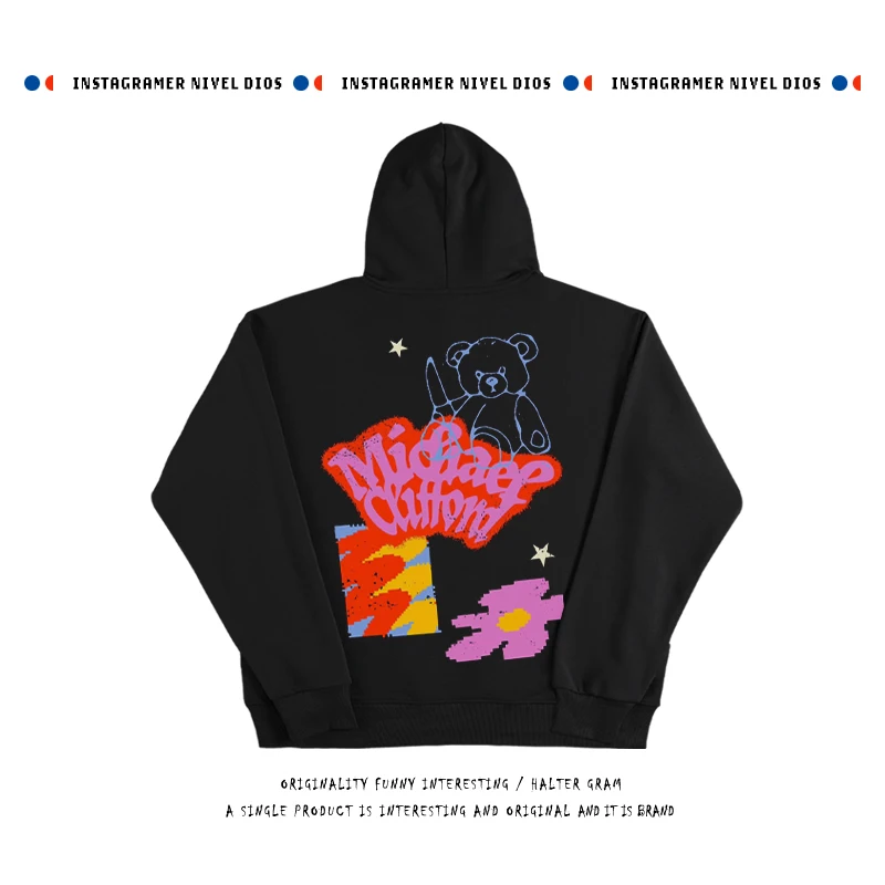 

Креативная толстовка в стиле олдскул с принтом медведя, из плотного чистого хлопка, модная, удлиненная, с длинными рукавами