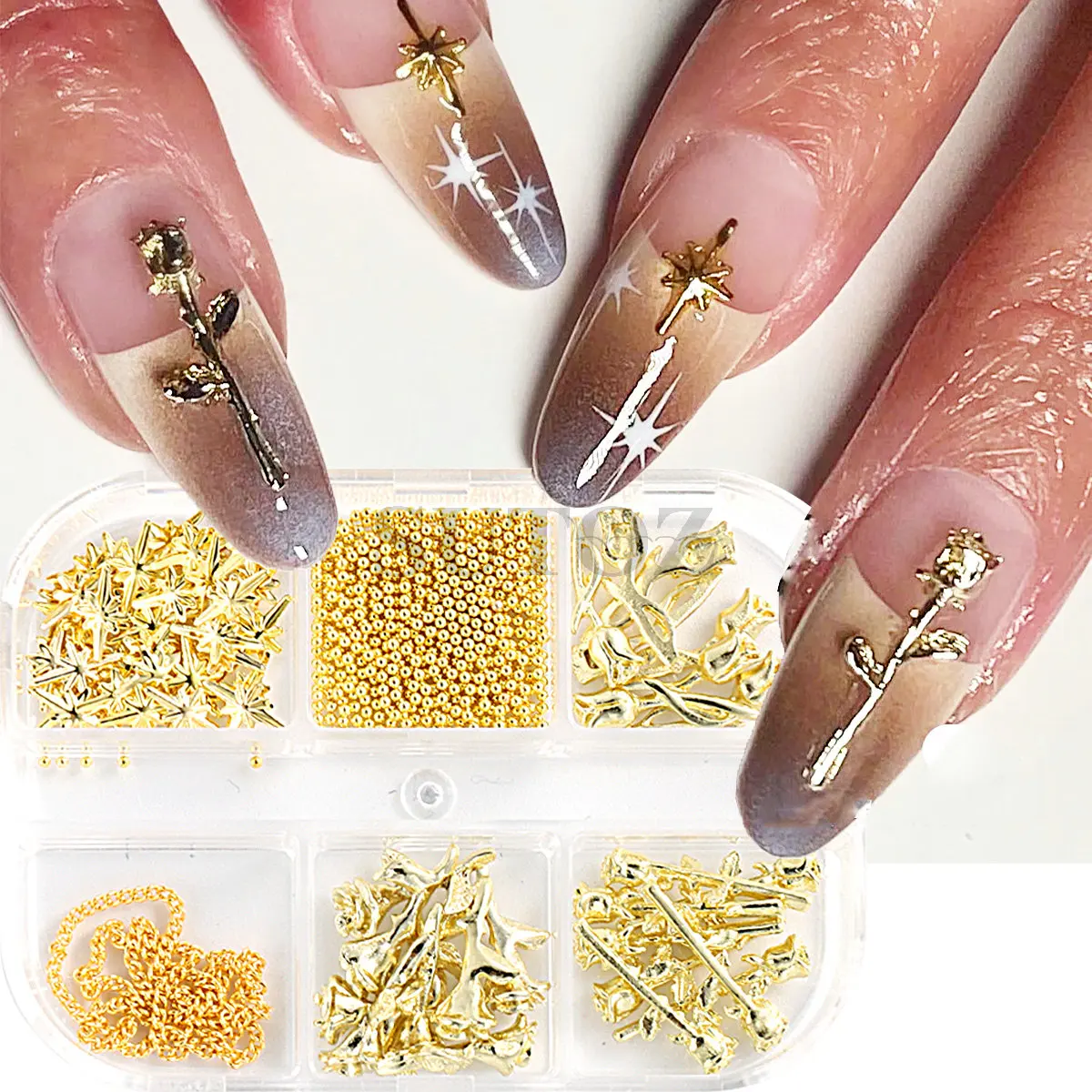 Adorno de Manicura en forma de estrella, 6 cuadrículas, 3D, aleación de Japón, Metal, oro, flor rosa, diseño, encanto, joyería, decoración, LE6G-MGX