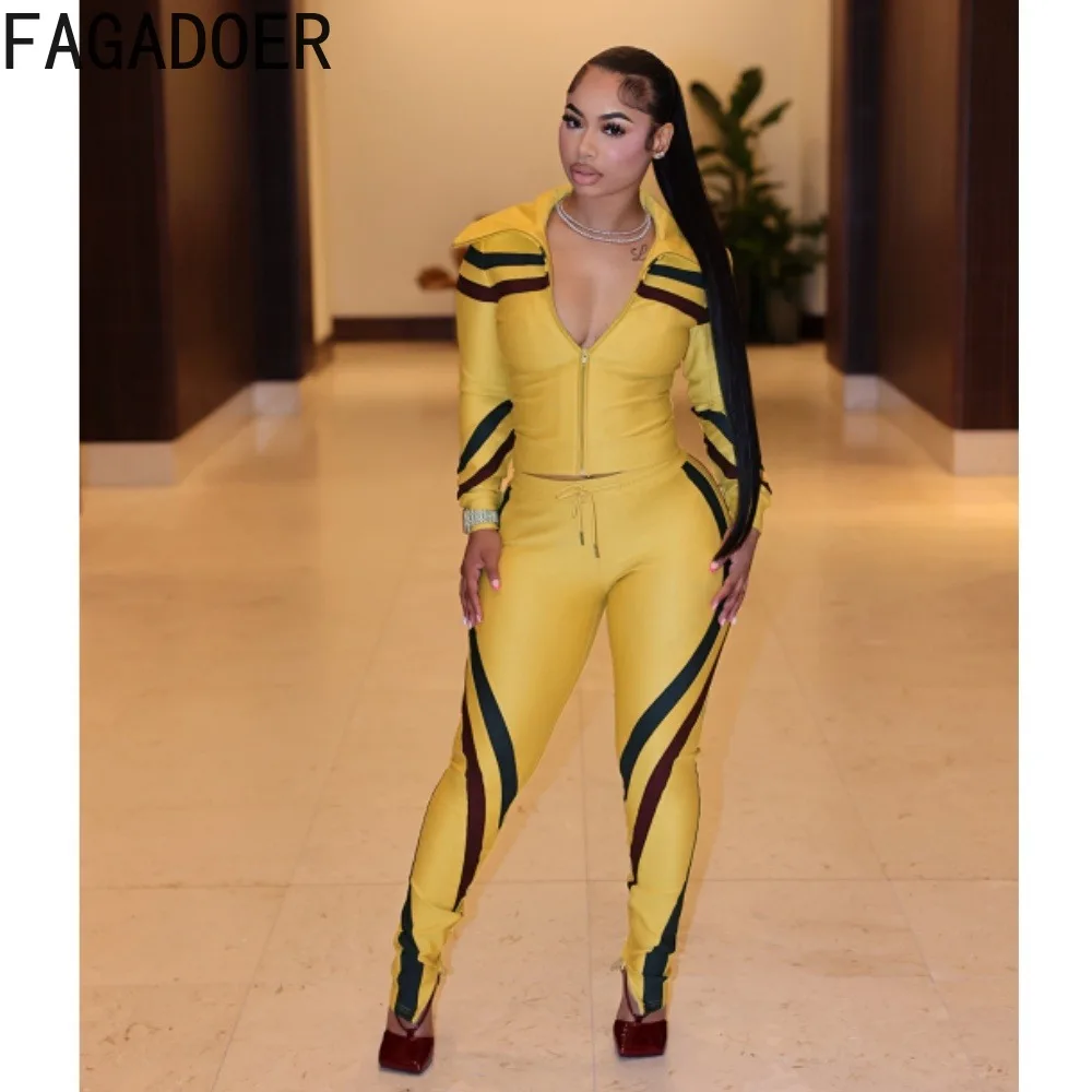 FAGADOER Women 2 Piece Tracksuit Color Patchwork Striped Zipper Crop Jacket High Waist Slit Pants Set Casual Streetwear Outfits