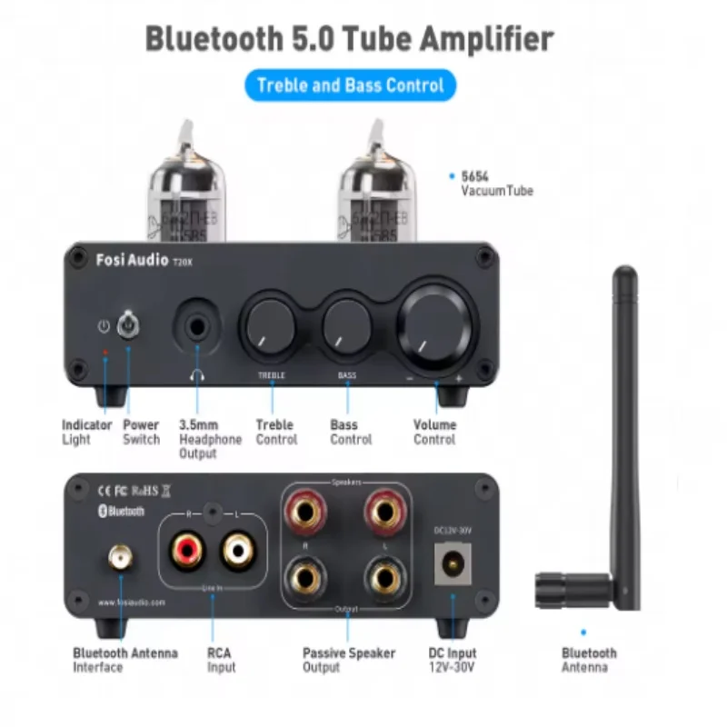 Fosi Audio T20X 100W Bluetooth Vacuum Tube Amplifier Stereo Power Amp TPA3221 Headphone Amplifier For Home Theater Speakers