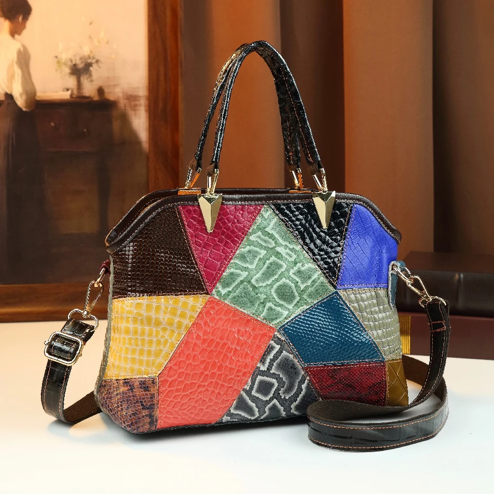 

Retro contrasting color patchwork tote bag made of genuine leather, large capacity single shoulder handbag, elegant