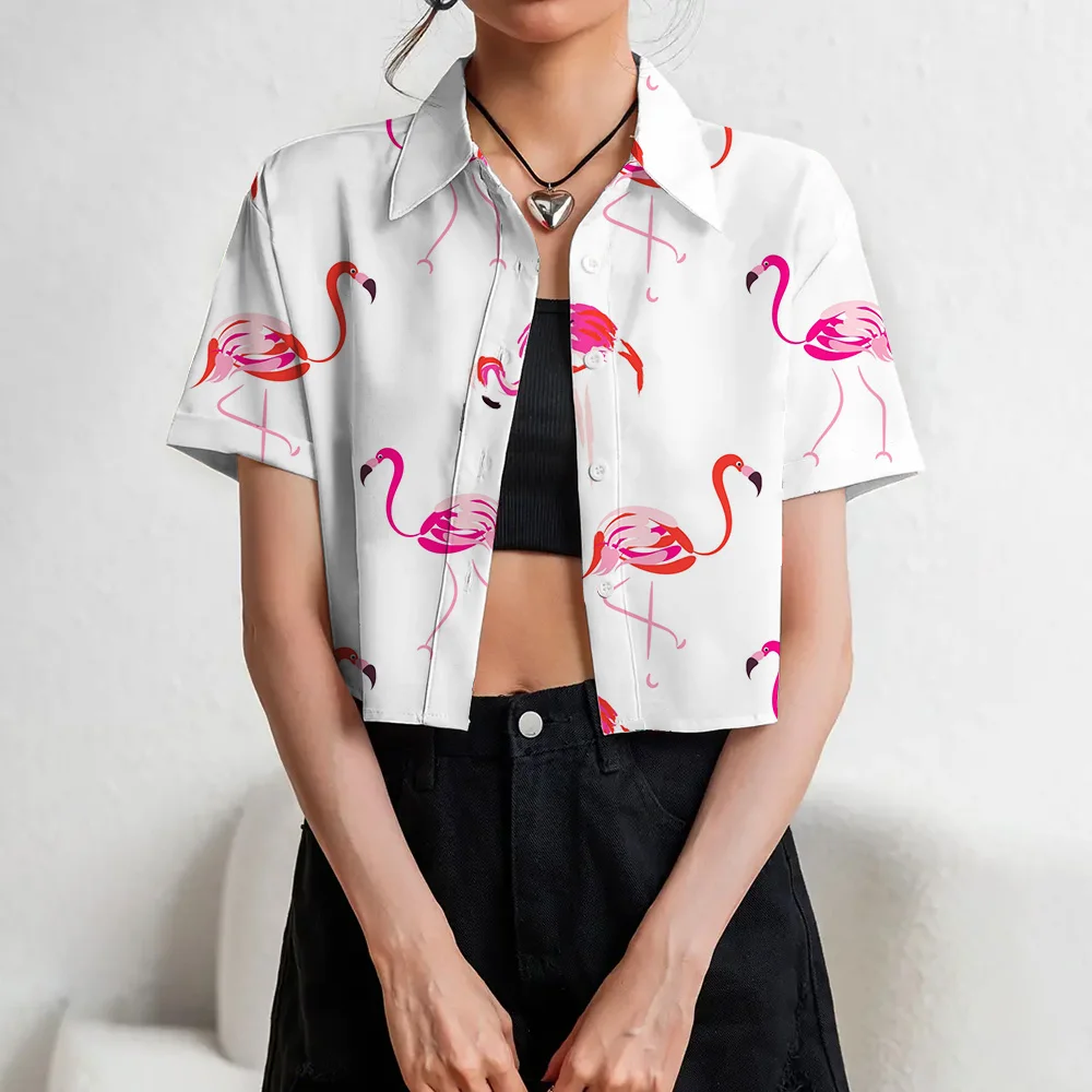 Female 3D Flamingo Printed Button Front Shirts Hawaii Beach Style Navel Exposed Shirts For Women Clothing Crop Tops Short Shirt