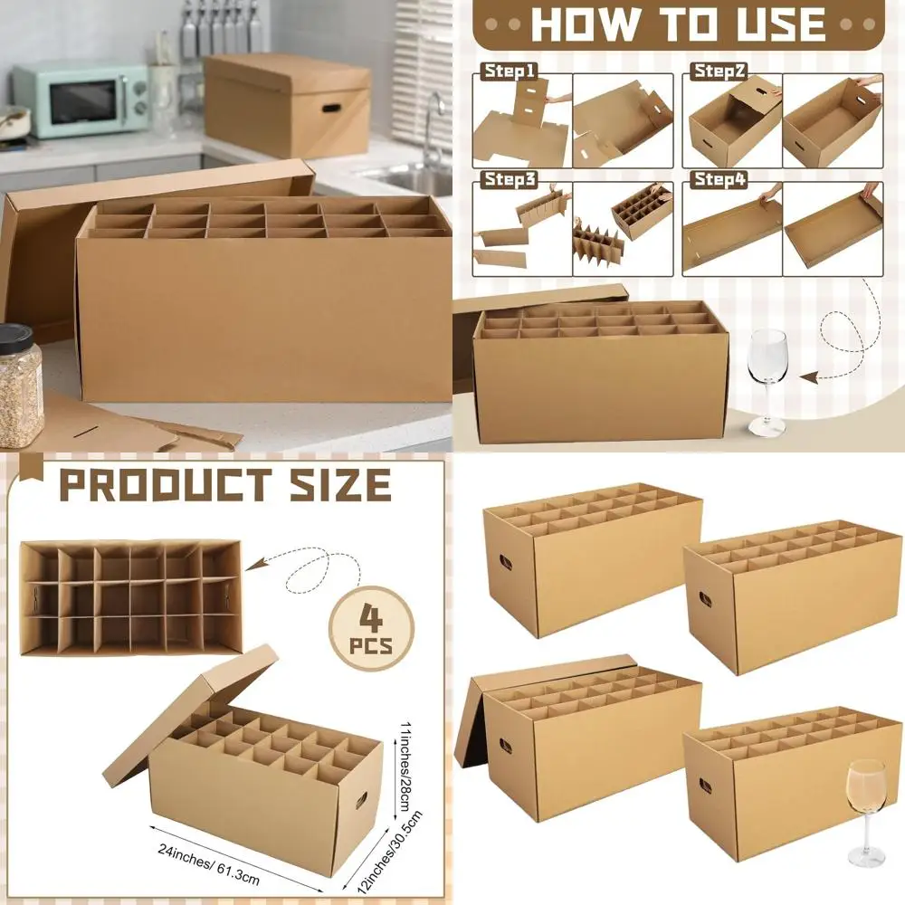 

Set of 4 Wine Glass Moving Boxes with Handle, Kitchen Kit, Brown, 24x12x11