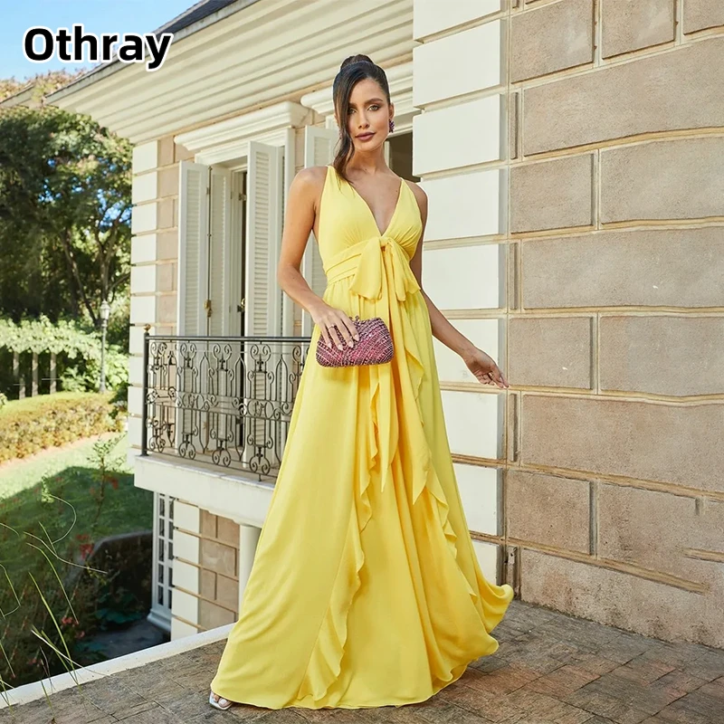 

Othray Sexy Long V-Neck Backless Evening Dresses A-Line Ruffled فساتين سهرة Chiffon Pleated Prom Dress Floor Length for Women