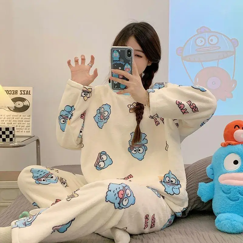 Cartoon Sanrio Hello Kitty Pajama Set Student Kawaii Kuromi Cinnamoroll Hangyodon Girl Autumn Winter Thicken Keep Warm Home Wear