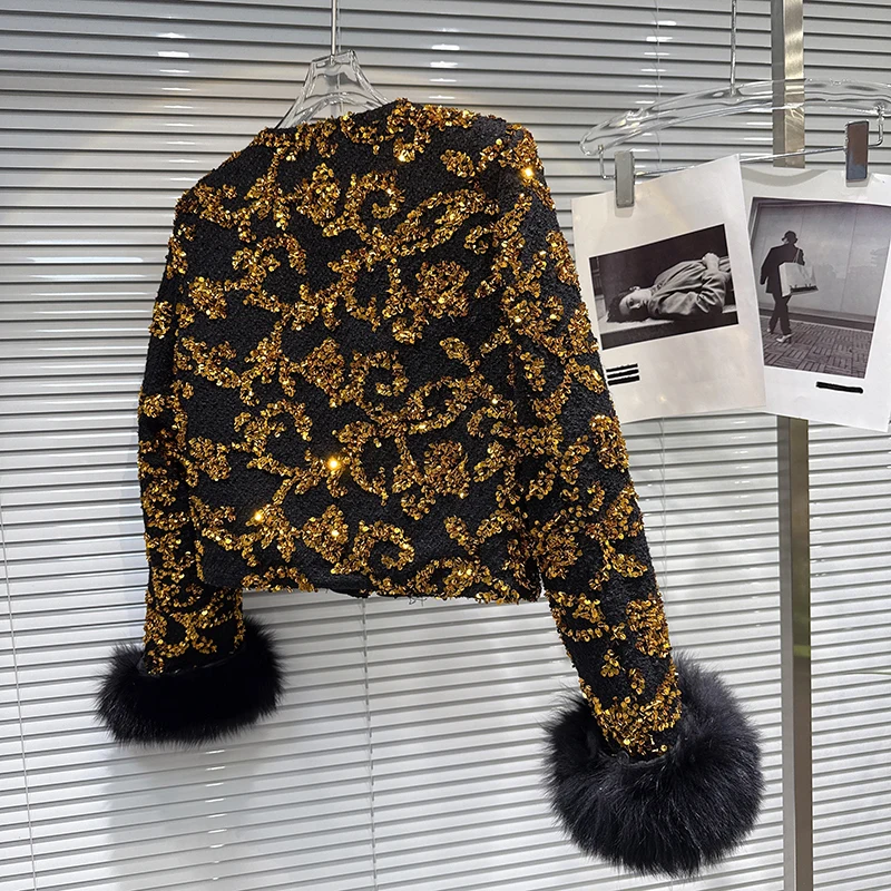 2025 Winter New Gold Bead Embroidered Nail Beaded Down Lining Jacket Women's High end Light Luxury Color Blocking Coat