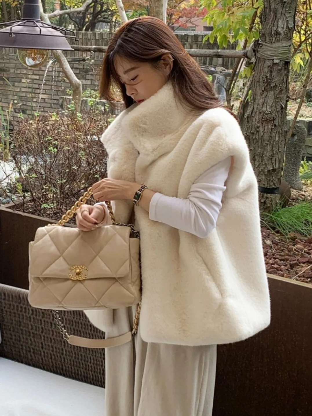 Plu colete de pele sintética outerwear feminino outono inverno solto versátil camadas svel roupas de algodão macio médio elástico