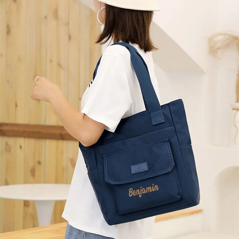 Moda Grande Capacidade Bolsa De Ombro Personalizado Bordado De Nylon Impermeável Tote Bag Mão Saco De Compras