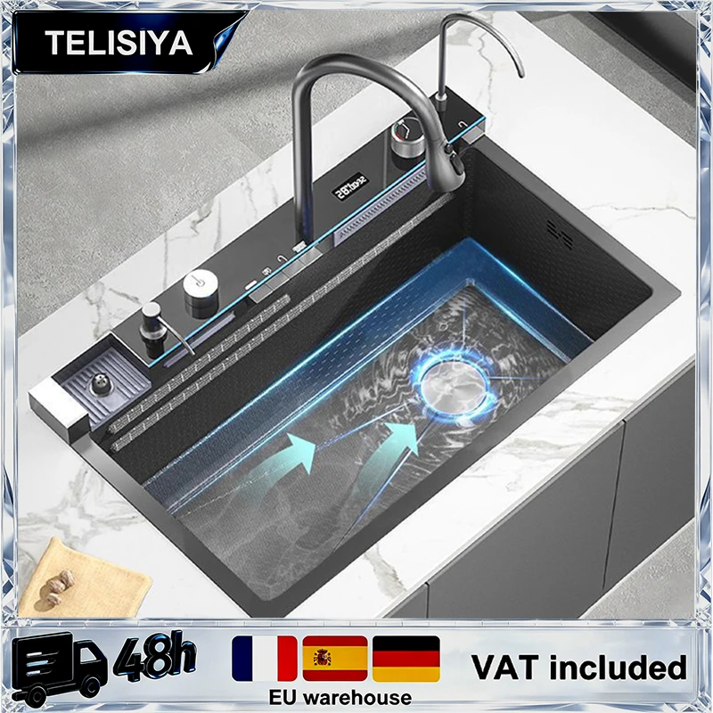 Fregadero de Cocina de Acero Inoxidable Resistente a Manchas y Rayones, Grifo Multifuncional con Pantalla Digital, Lavabo Grande de Una Sola Ranura