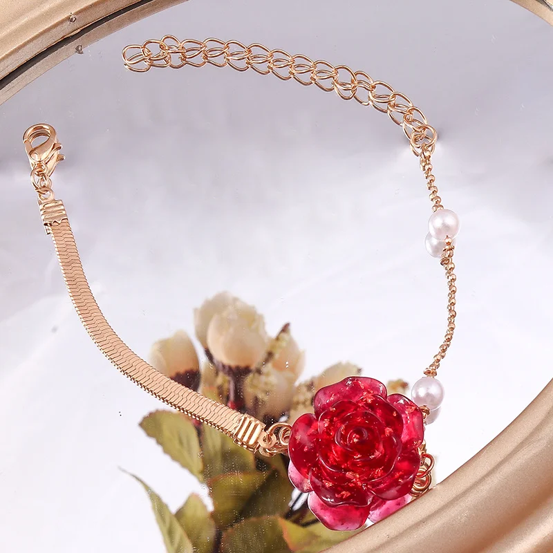 Aihua Koreanischer Stil Perlen-Rote-Rose-Blumen-Armband für Frauen Trendiges Rosen-Charm-Armband Weibliches Geburtstagsgeschenk – Detail 4