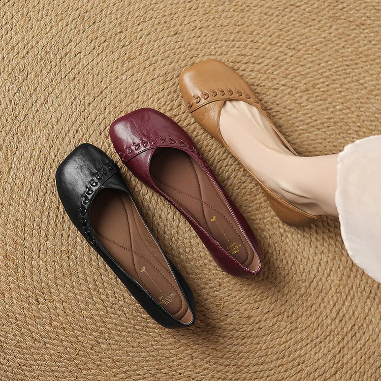 

Black Genuine Leather Women Flats Square Toe Red Shallow Ballerine Shoes Concise Camel Slip On Work Stilettos Soft Moccains 2025