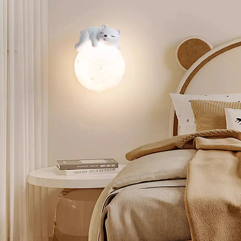Creative Bedside Wall Lamp Sleeping Bear Moon Warm White Design Bedroom Ambient Kids Night Light for Boys Girls Room