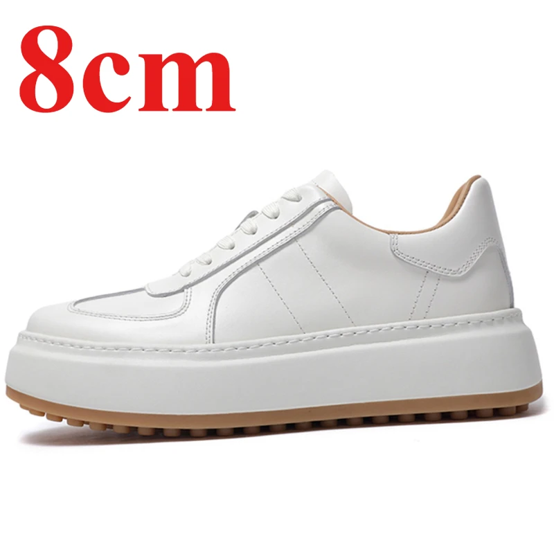 Genuine Leather Handmade 8cm White Board Shoes for Men's 6cm Elevator Shoe Breathable Height Increasing Shoes Casual Derby Shoes