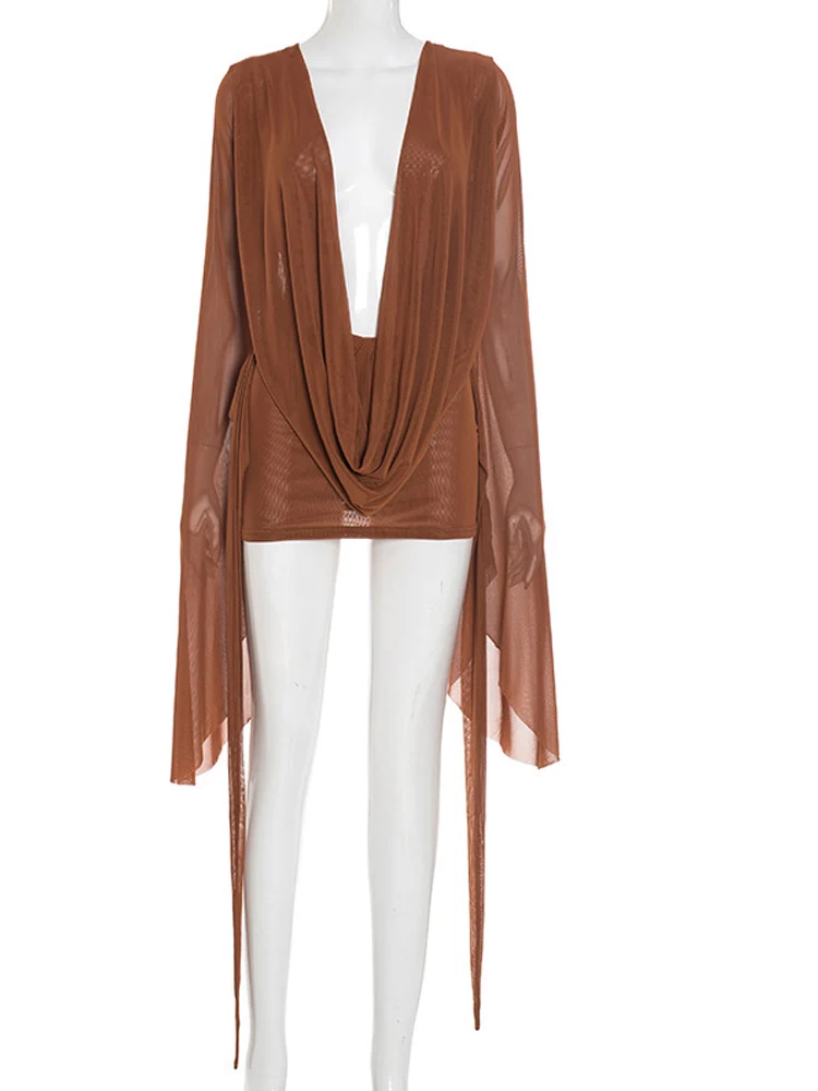 فستان قصير مثير للنساء من Kricessseen فستان ضيق شبكي جديد للسيدات بأكمام طويلة عميق على شكل حرف V فستان حفلات وردي شفاف #5