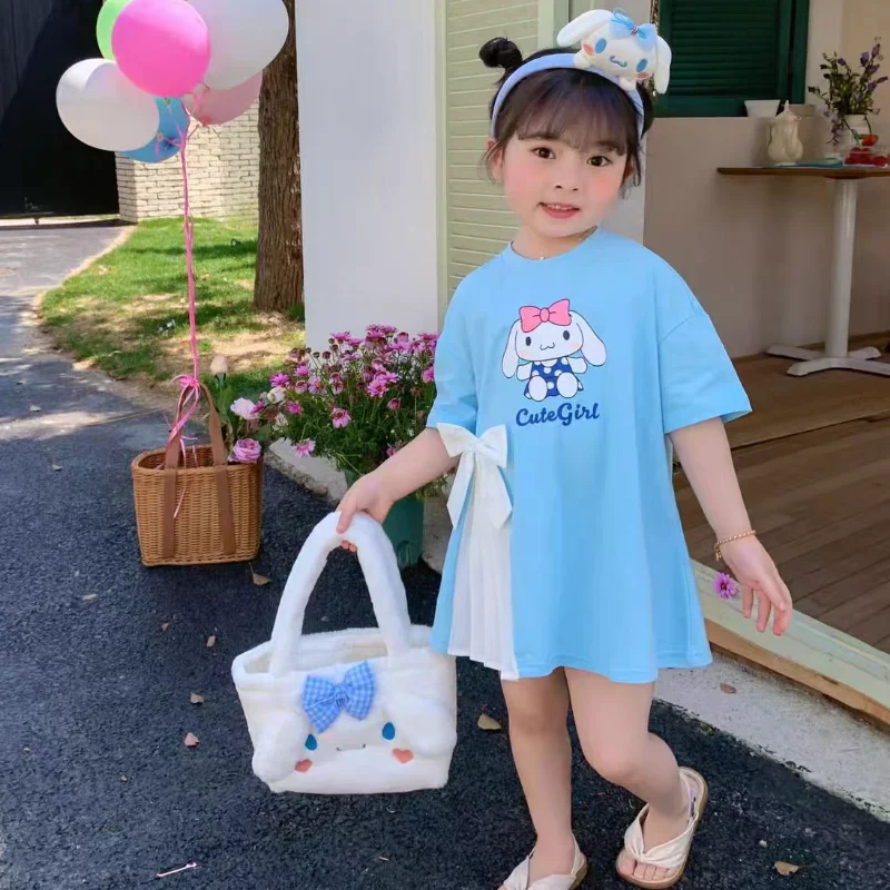 

Sanrio Girls Hello Kitty Dress Kawaii Kids Clothes Summer Kuromi Princess Dresses T Shirt Skirt Party Baby for Children Clothing