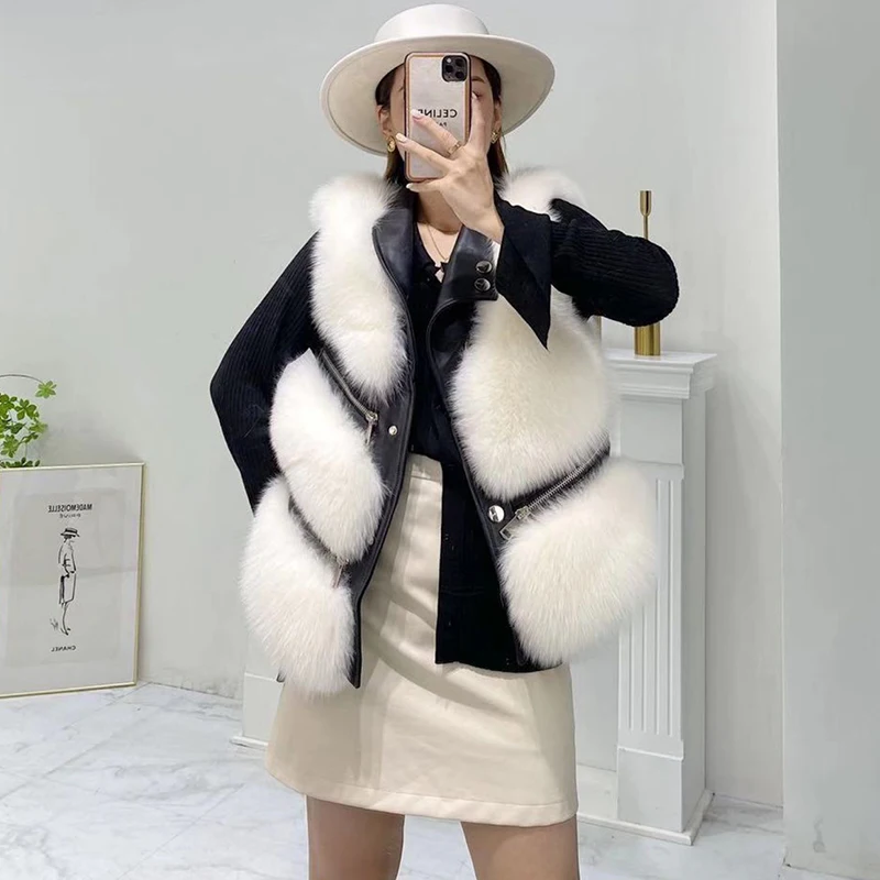 

Free Shipping Wholesale Big Full Pelt Real Fox Fur Vest Women's Casual Classic Natural Fox Fur Waistcoat with Zipper Decoration