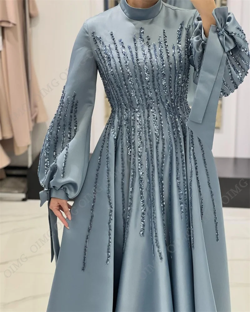 OIMG Blue A Line Muslim Shiny Long Evening Dress Sequins Sparkly Full Sleeves Fashion Formal Elegant Prom Gown New 2023