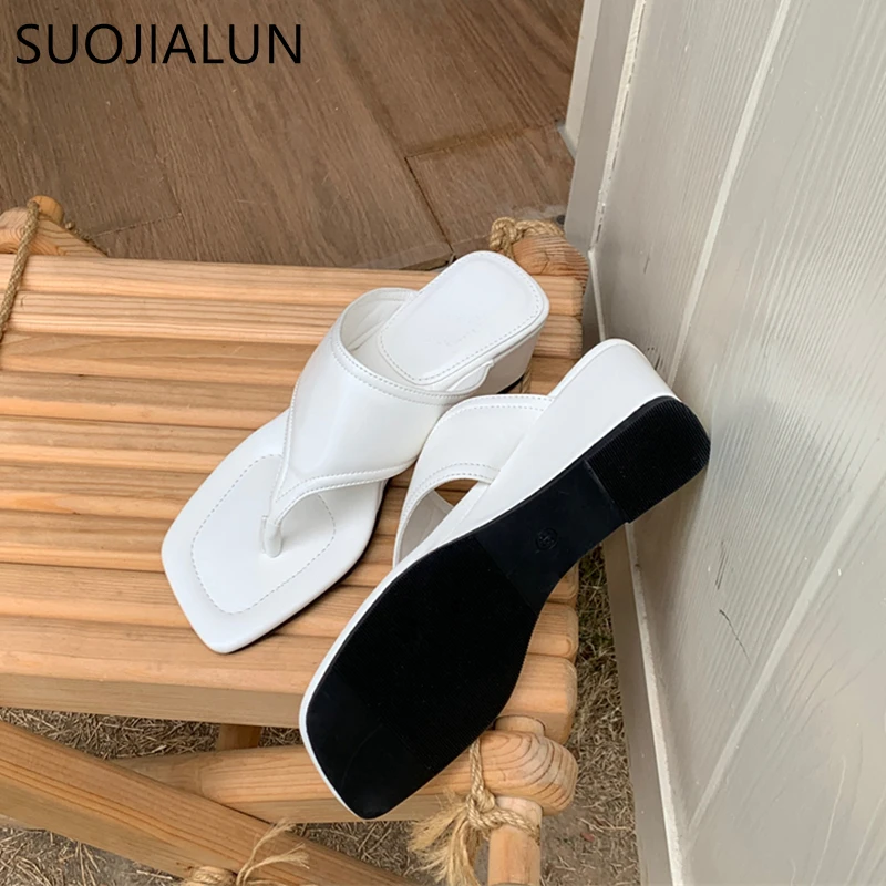 SUOJIALUN 2023 Thin Low Heel Women Slipper Summer Outdoor Narrow Band Beach Slides Shoes Fashion Green Ladies Dress Sandals Shoe