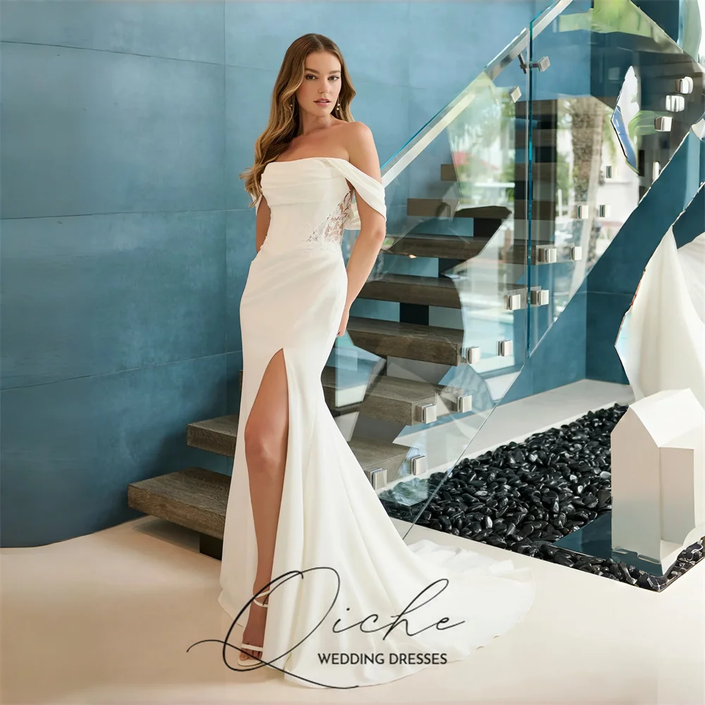 

QICHE Modern Lace Appliqued Mermaid Wedding Dress Off The Shoulder Strapless Open Back High Slit Vestidos De Noiva Customized