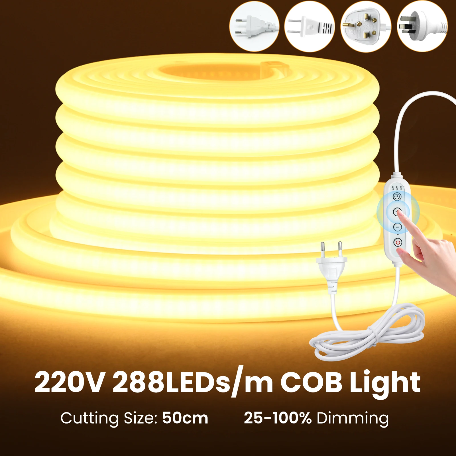 Dimmable COB LED Strip AC 220V 110V 288LEDs/M Flexible LED Tape Neon Light Waterproof Rope Light Ribbon Density Linear Light