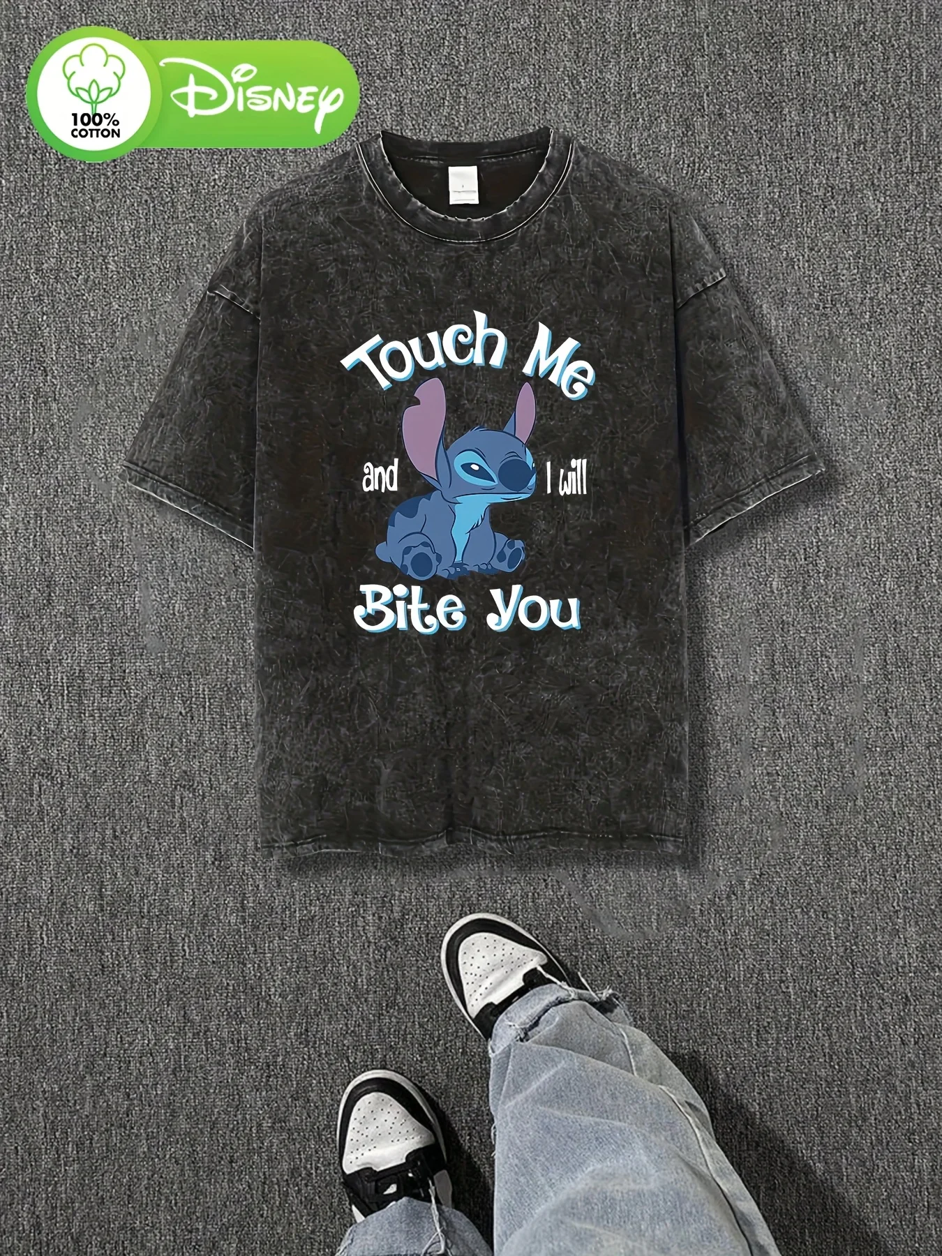 

Disney Stitch Women's T-Shirt - Black Retro Wash with "Touch Me and Bite You" Graphic Casual Short Sleeve Crew Neck T-Shirt