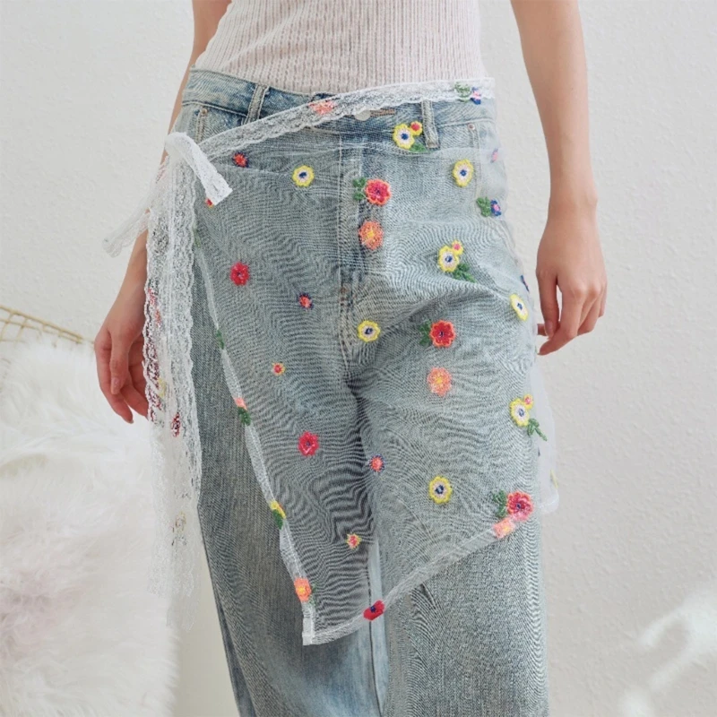 Embroidery Colorful Flower Sheer Half Skirt Hip Scarf Women Aesthetic See Through Apron Skirt Lace Up Bows Overskirt