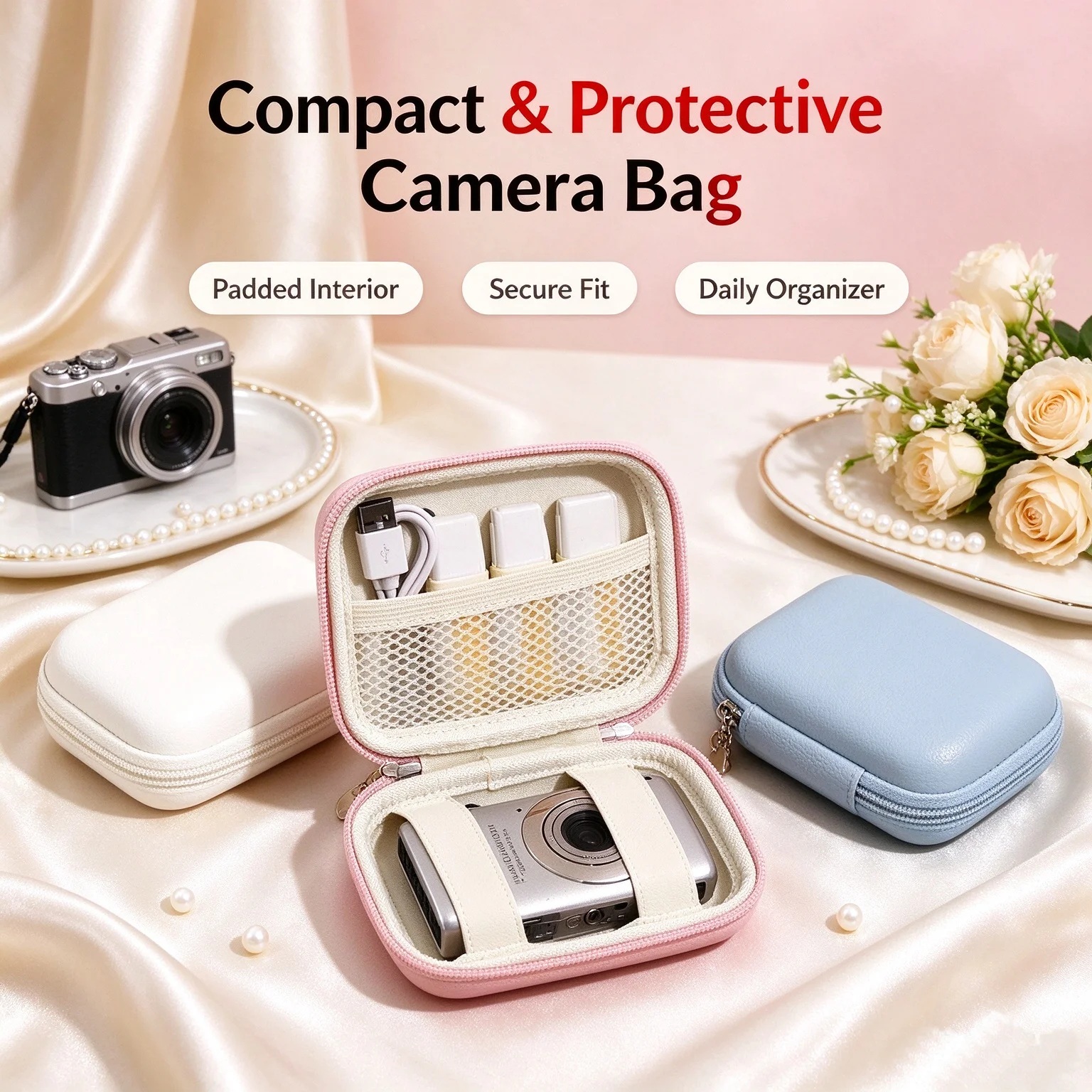 Hard Shell Camera Case Shockproof Compact Design Inner Mesh Pocket for Portable Camera Travel Commute Storage