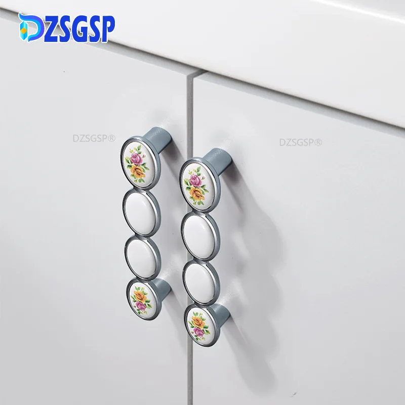 DZSGSP Zinc Alloy Drawer Cupboard Door Pulls Cabinet Handles White Silver Ceramic Knobs Kitchen Door Handles Furniture Hardware