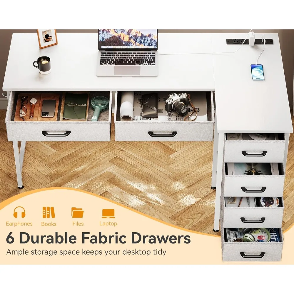 Mesa em forma de L de 42 polegadas com gavetas, mesa de computador com tomadas elétricas, mesa de escritório doméstico com 6 gavetas