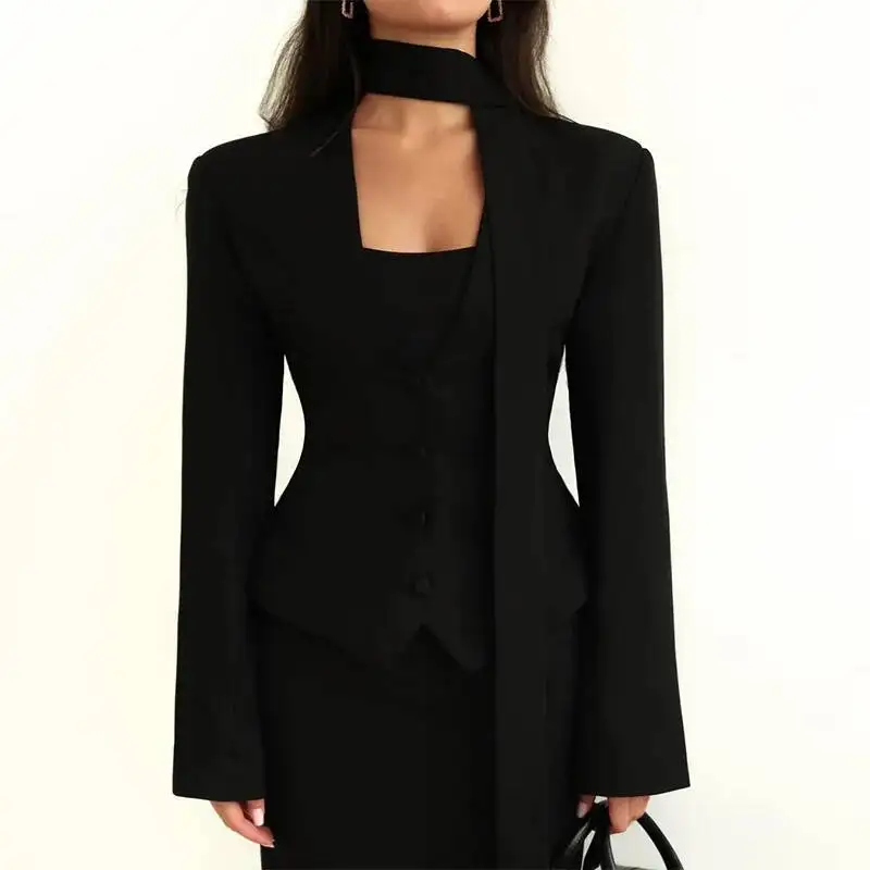 2026 New Solid Color V Neck Scarf Decor Long Sleeve Casual Blazer Jacket Women Fashion Elegant Commuting Top