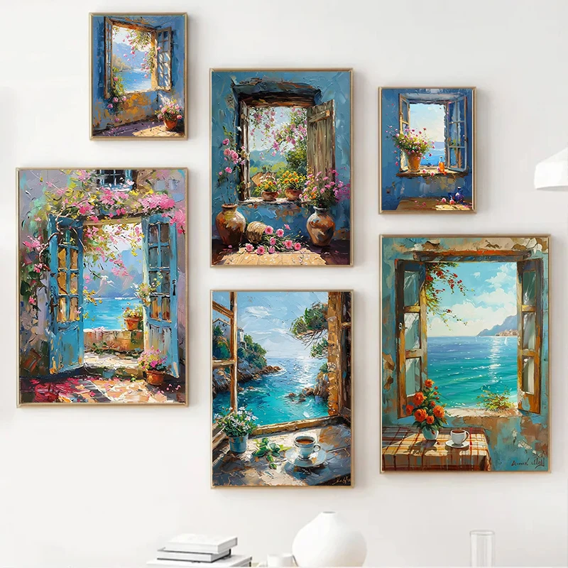 Abstract Colorful Graffiti Town Window Landscape Canvas Painting Modern Art Sea View Aesthetic Posters Prints Living Room Decor