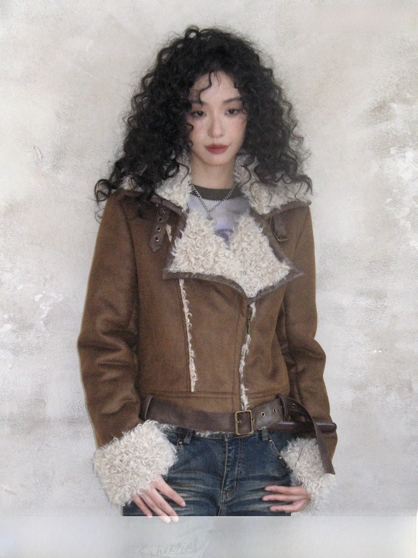 

Thiened Suede Jaet ort Sle for Women Chemical Girl Casual Sle Warm Brown Pastoral One-Piece Leather Coat