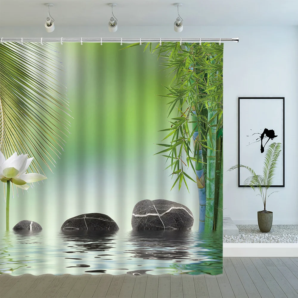 

Green Bamboo Floral Shower Curtains Spring Plant Flower Butterfly Scenery Bathroom Decor Polyeste Fabric Bathtub Hanging Curtain
