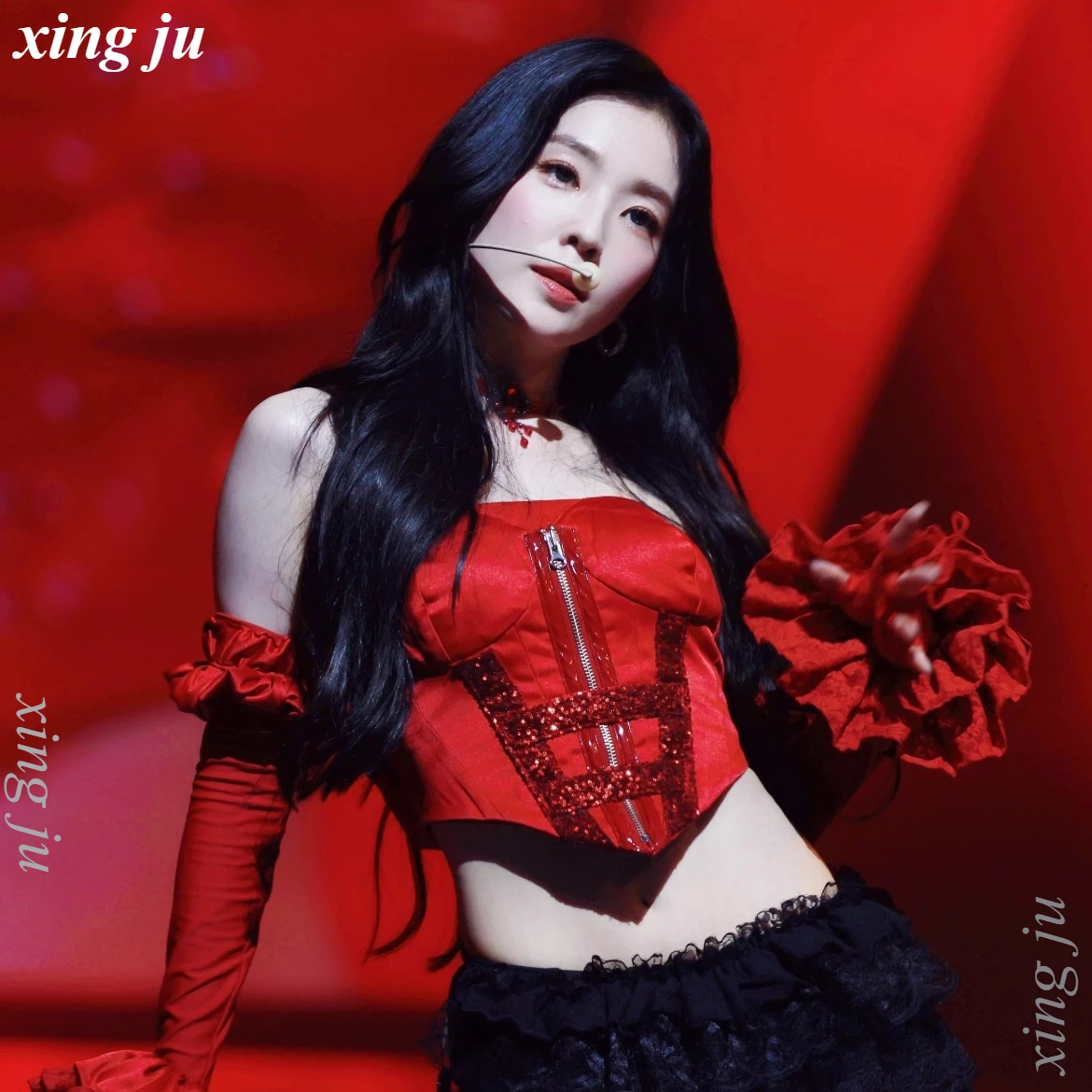 

Kpop Women Singer Red Zipper Sequins Strapless Tops Black Lace Skirt Stage Performance Costumes Nightclub DJ Jazz Dance Outfits