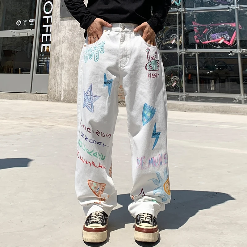 

K 116808 Graffiti Hipster Printed Lightning Jeans Straight Pair Classic Trend Men's Denim Trousers