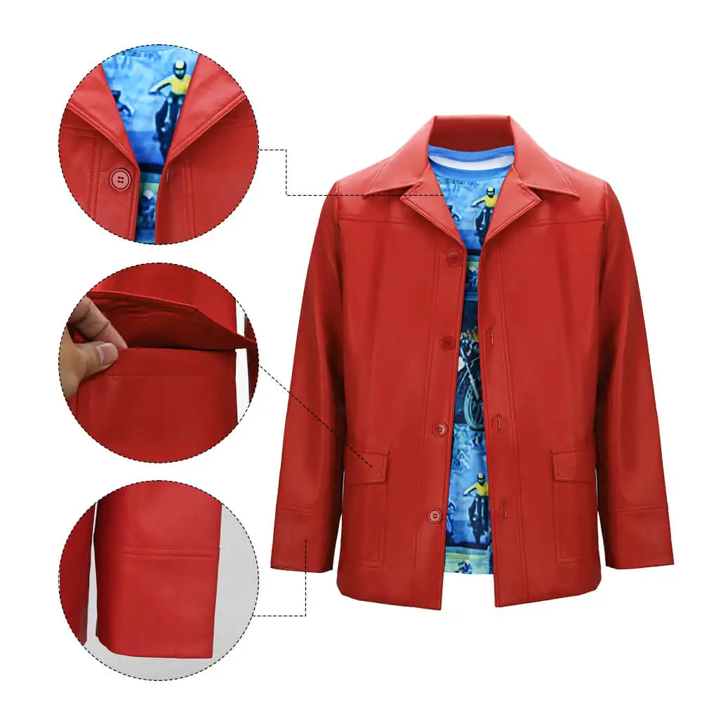 Fight Club Tyler Durden Cosplay Costumes In Stock Brad Biker Leather Jacket Red Coat Shirt Glasses Halloween Party Suit