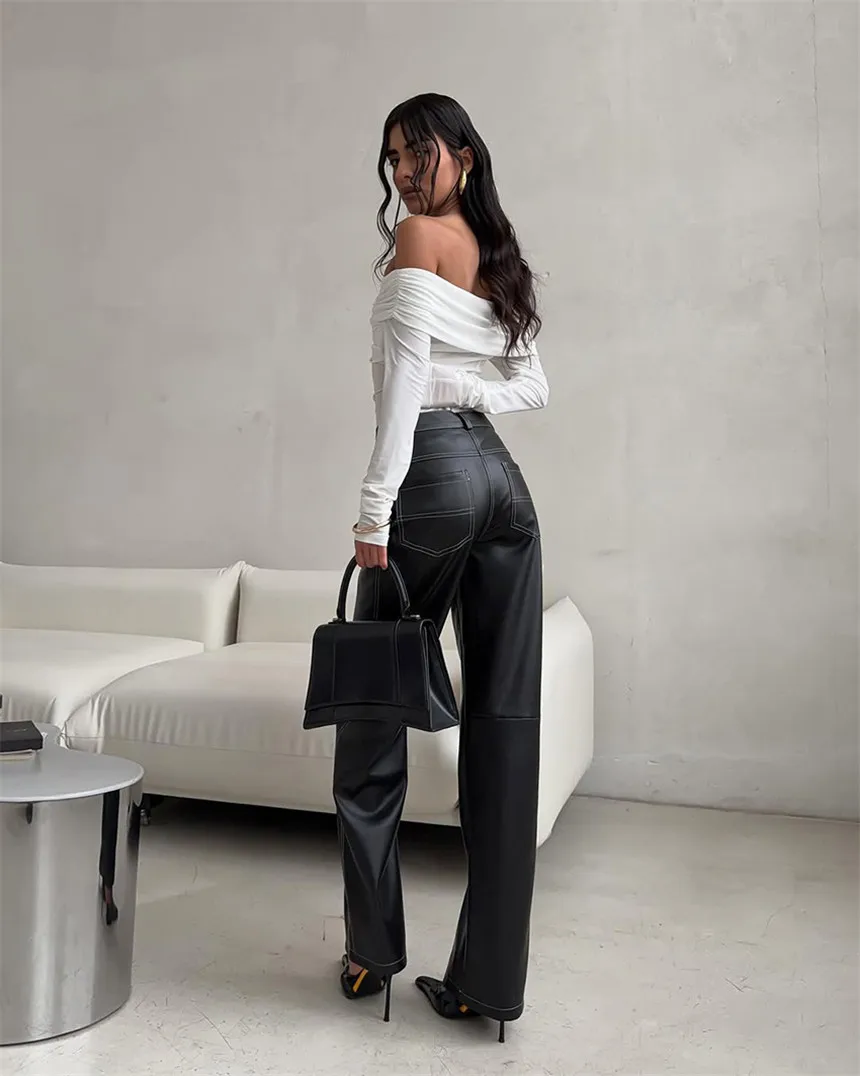 Fashion Women White Top Off-Shoulder Twisted Patchwork Slim-Fit New Long-Sleeve Top Solid Commuter Streetwear All-match Top New