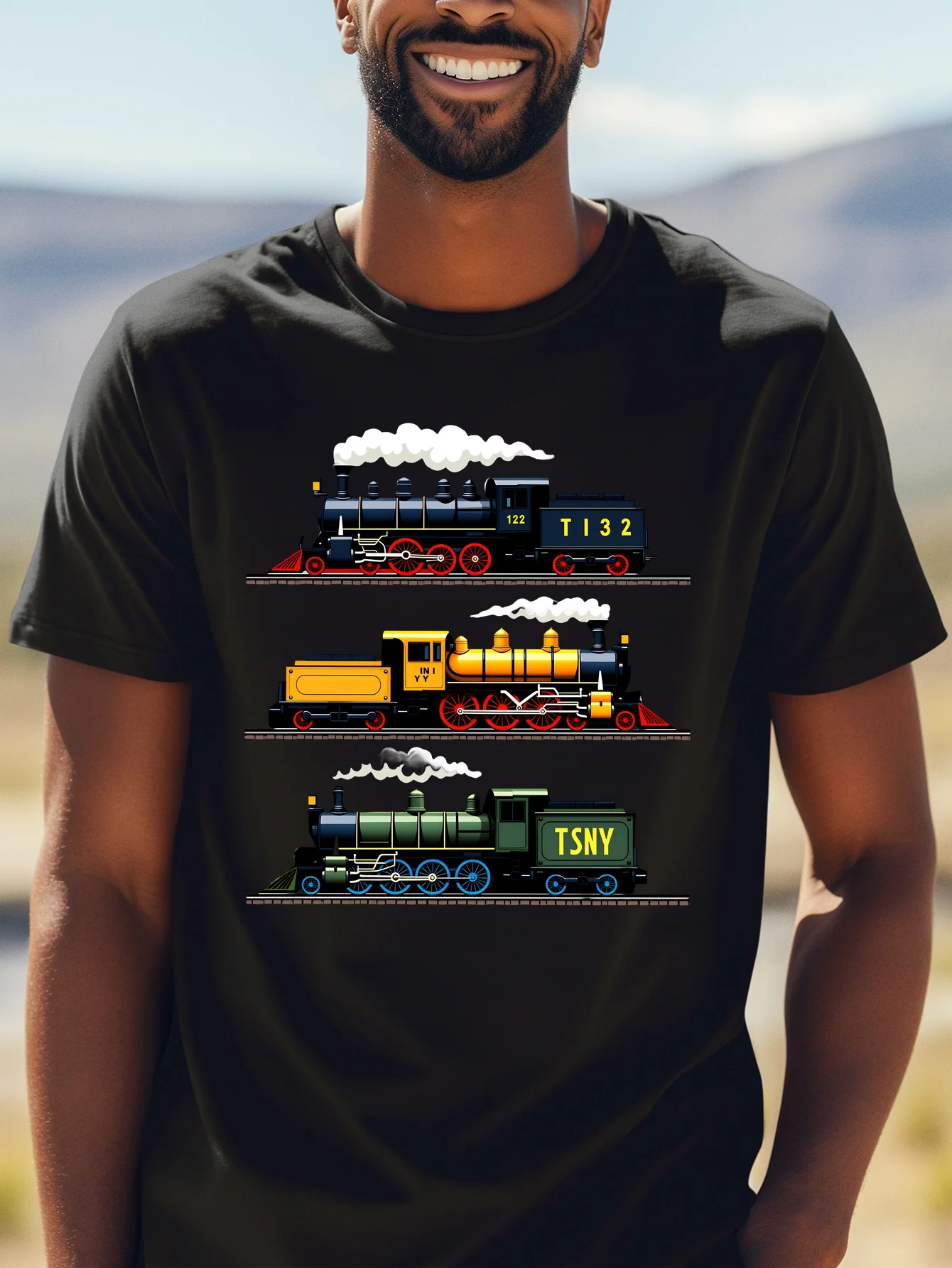 Men Cotton Loose Tee Vintage Steam Train Graphic Short Sleeve Shirts Railway Fans Casual Summer Street Tops For Adult Males