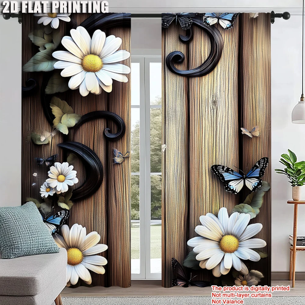 

2Pcs Rustic Wooden Plank Digital Printed Window Curtains With Daisy And Butterfly Design Vintage Floral Pattern Rod Pocket