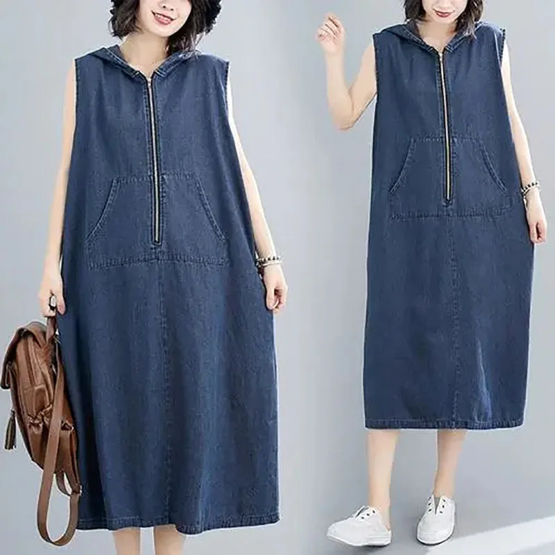 

Spring Summer New Denim Pullover Dress Plus-size Women's Hooded Denim Vest Dresses Fashion Female Zipper Sleeveless Dresses Thin