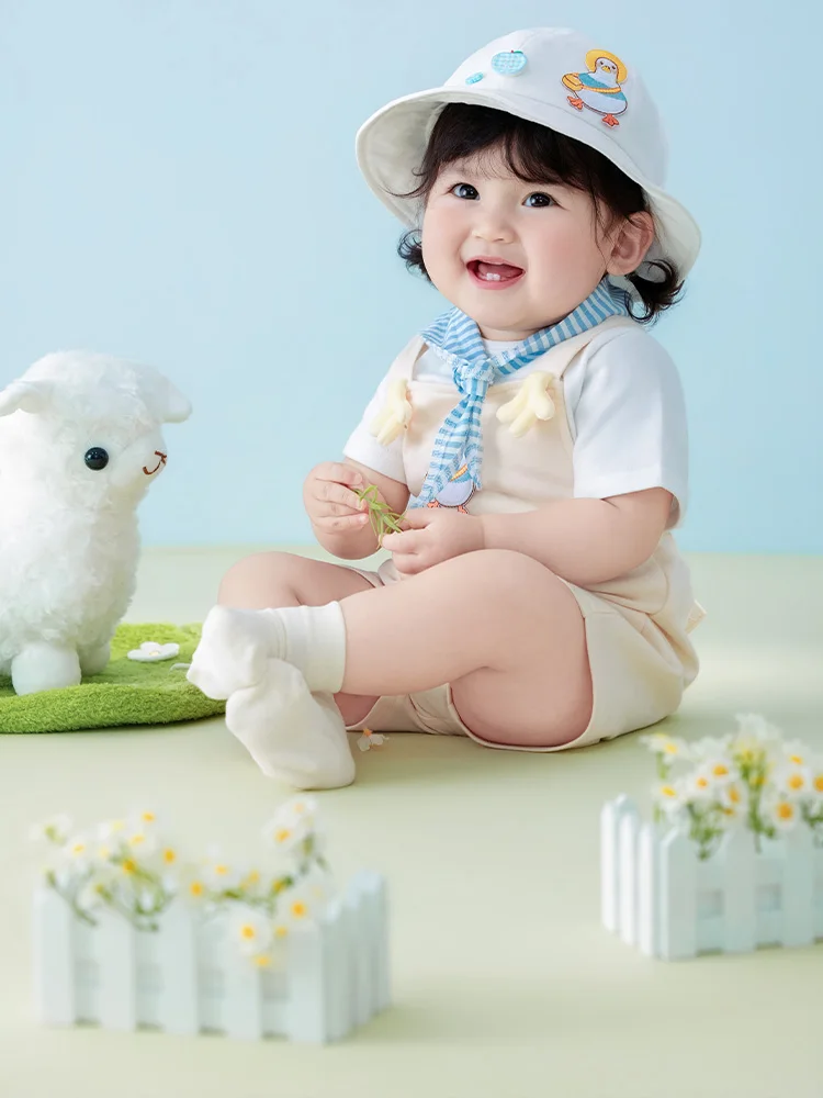 Toddler 1st Birthday Photography Props Duck Embroidery Photo Outfit Set White Lamb Plush Props for Infant Studio Portrait Decor