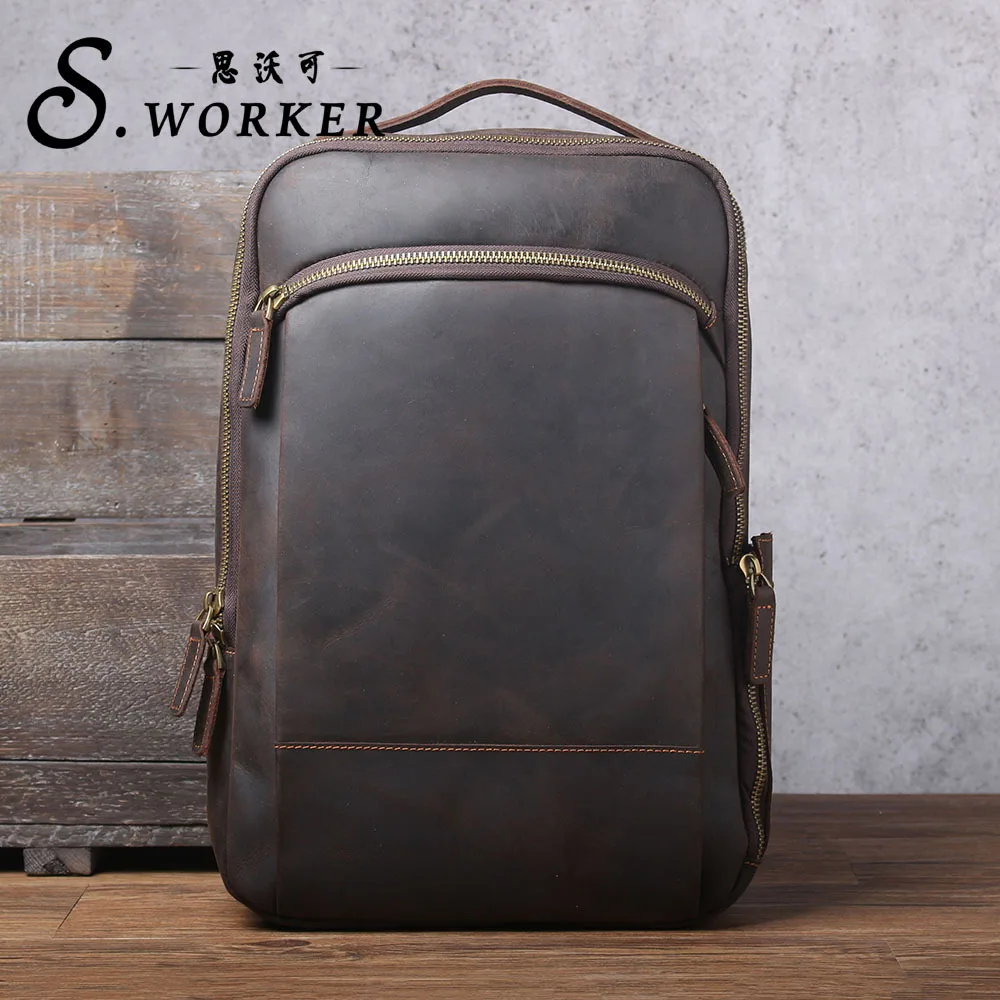 حقيبة ظهر كلاسيكية من جلد الحصان المجنون للرجال، سعة كبيرة 15 بوصة لتخزين الكمبيوتر حقيبة ظهر محمولة للسفر